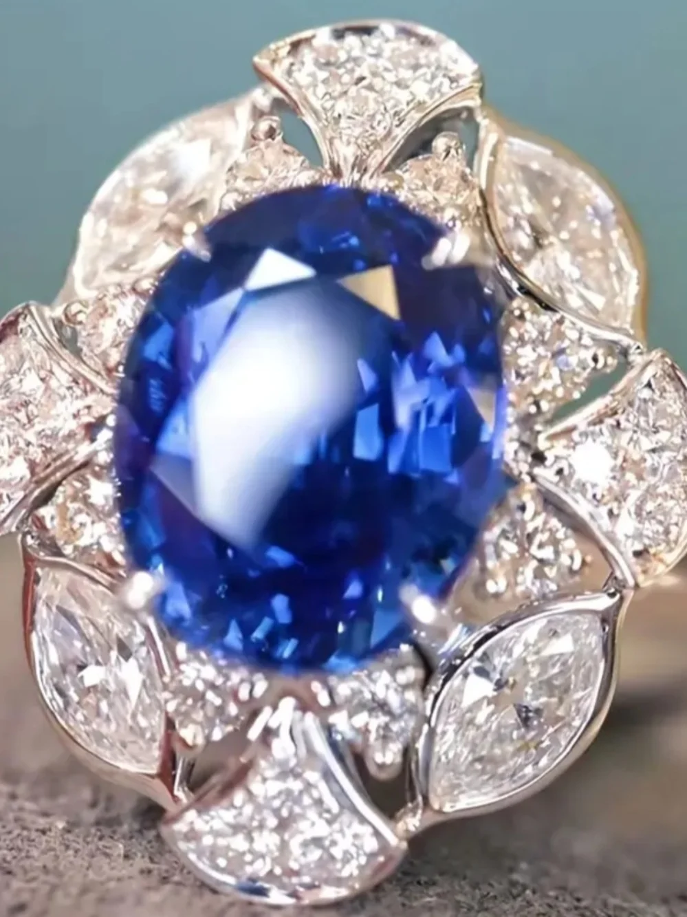 Victorian White Rhodium Blue Sapphire Halo Flower Ring